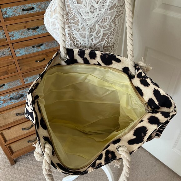 Leopard LG Print Canvas Tote Bag/ Rope Handles - Tan/Black/Brown - Style 1 -NWT - Picture 7 of 9